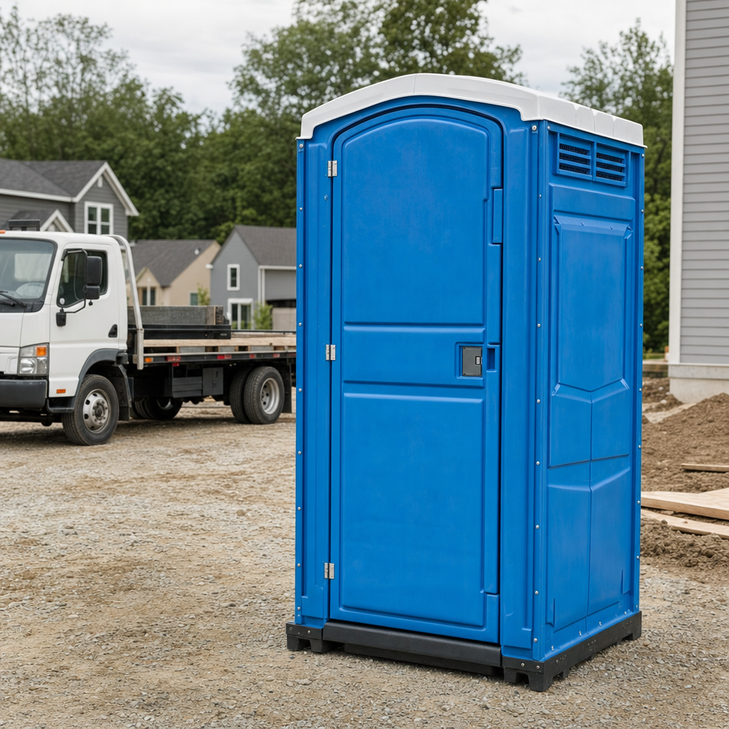 Delivery driver positioning a clean royal-blue portable toilet on level ground at a Glendale worksite