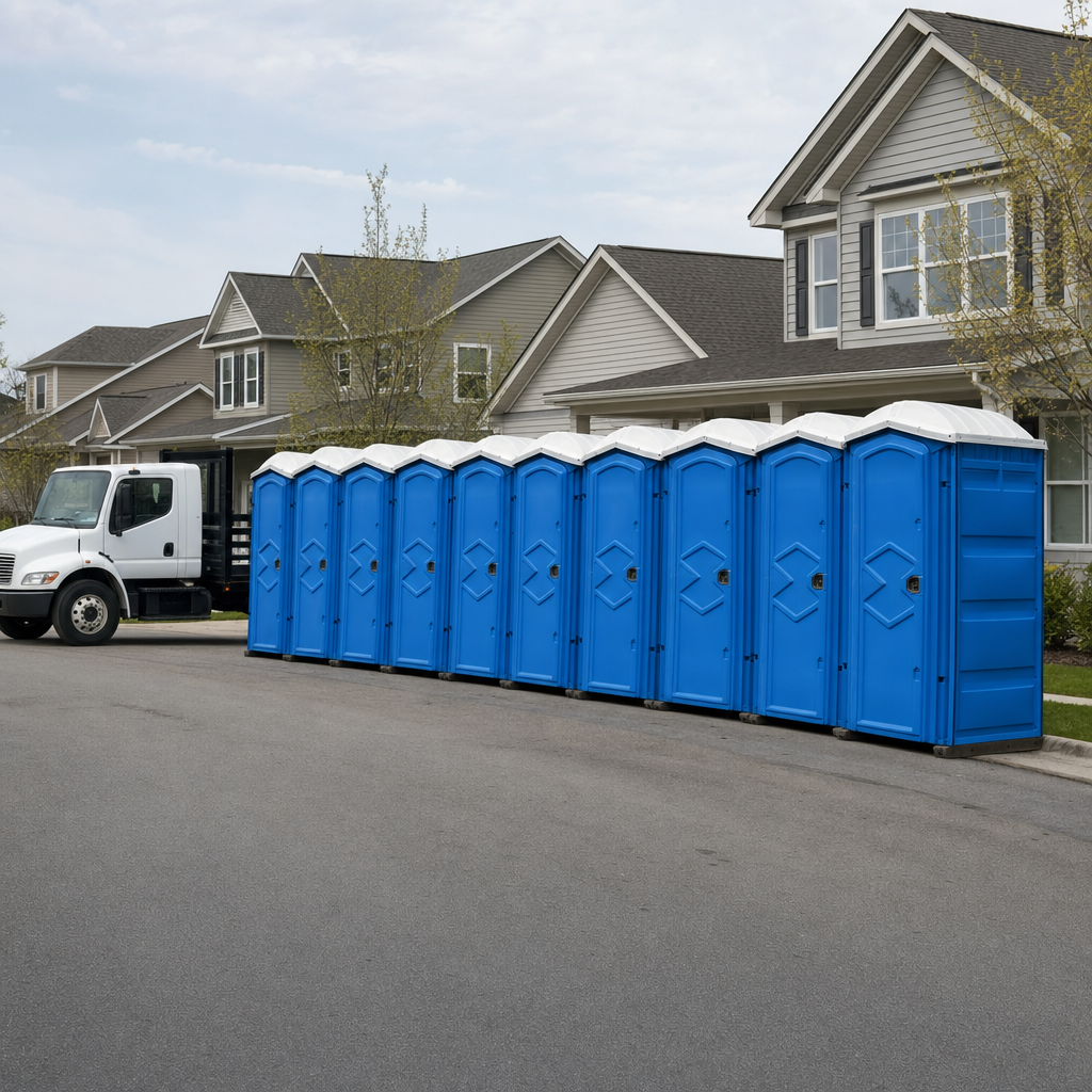 Royal blue portable toilets staged in a tidy row at a Glendale jobsite, ready for delivery